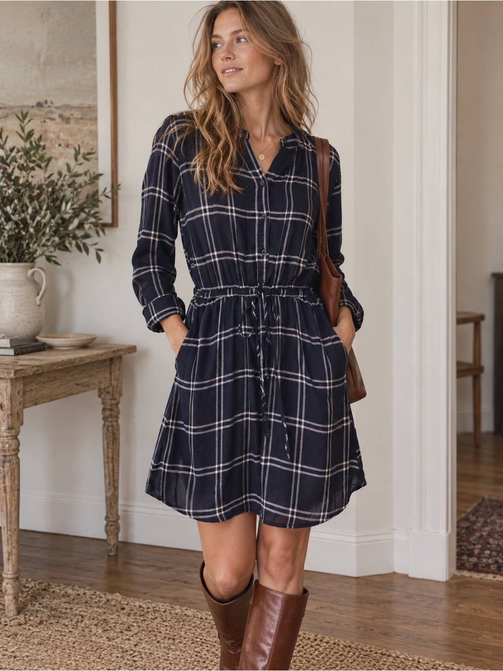 Lucky Brand Navy Plaid Drawstring Shirt Dress